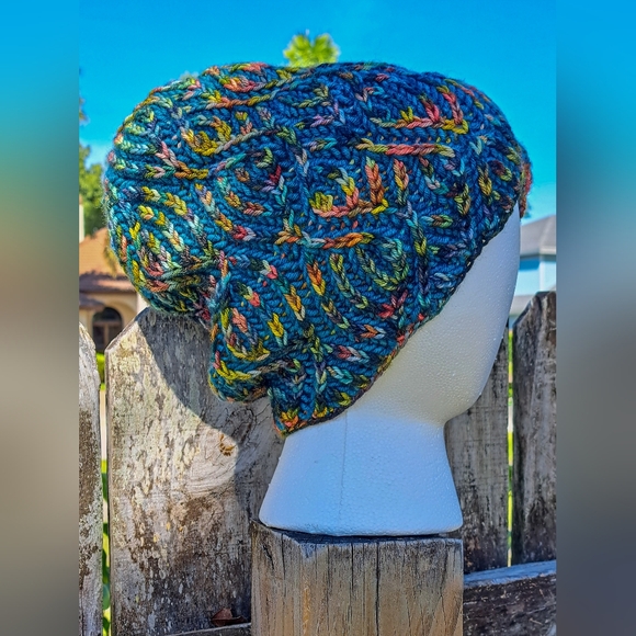 Knit Hat Warm Hand Dyed Soft Wool Green Multicolor Striped Brioche Stocking Cap - Picture 10 of 13